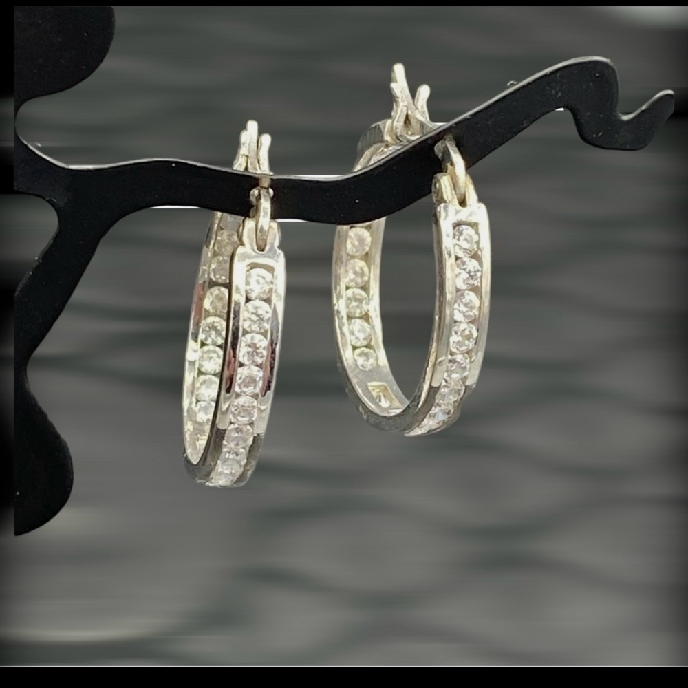 STERLING silver cubic zirconia pierced hoop earrings